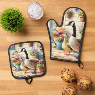 Illustration von Gänsen im Cottage-Garten im Frühl Ofenhandschuh & Topflappen-Set