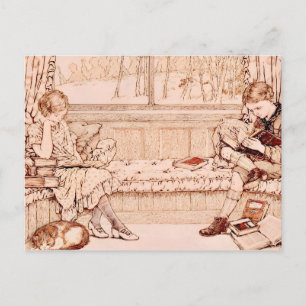 Illustration von Kindern beim gemütlichen Lesen im Ankündigungspostkarte