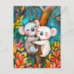 Illustration von Koalas-Umarmungen in Eukalyptusfr Postkarte