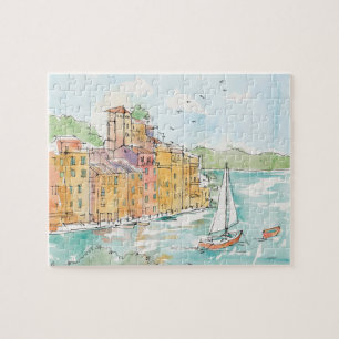 Illustration von Porofino Hafen mit Segelboot