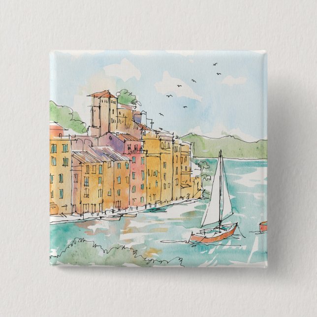 Illustration von Porofino Hafen mit Segelboot Button (Vorderseite)