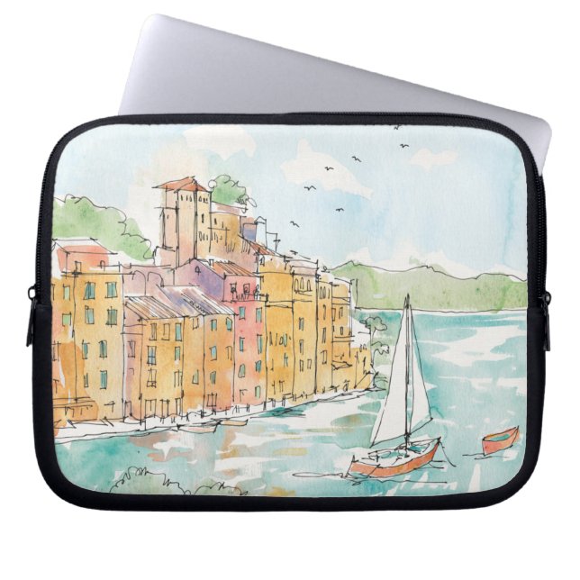 Illustration von Porofino Hafen mit Segelboot Laptopschutzhülle (Vorderseite)