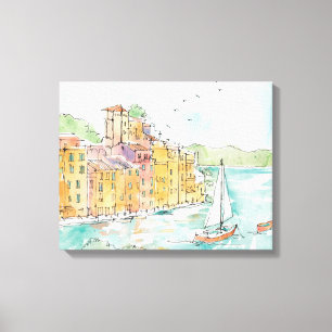 Illustration von Porofino Hafen mit Segelboot Leinwanddruck