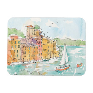 Illustration von Porofino Hafen mit Segelboot Magnet