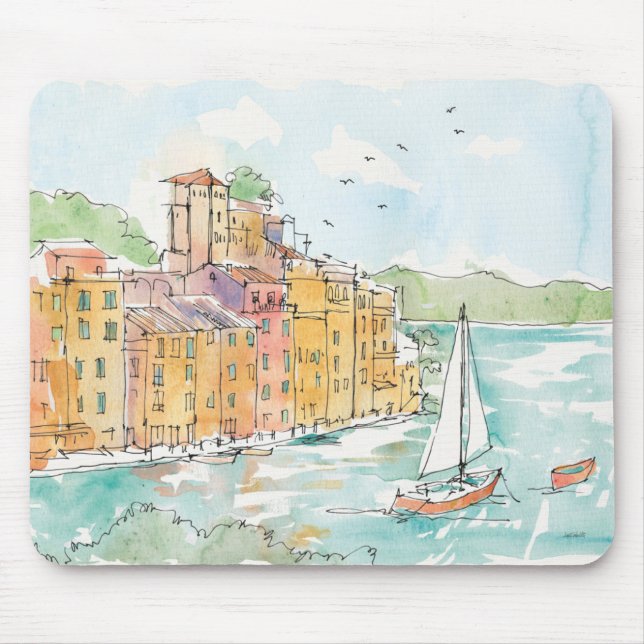 Illustration von Porofino Hafen mit Segelboot Mousepad (Vorne)