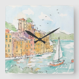 Illustration von Porofino Hafen mit Segelboot Quadratische Wanduhr