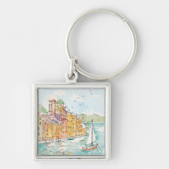 Illustration von Porofino Hafen mit Segelboot Schlüsselanhänger (Vorne)