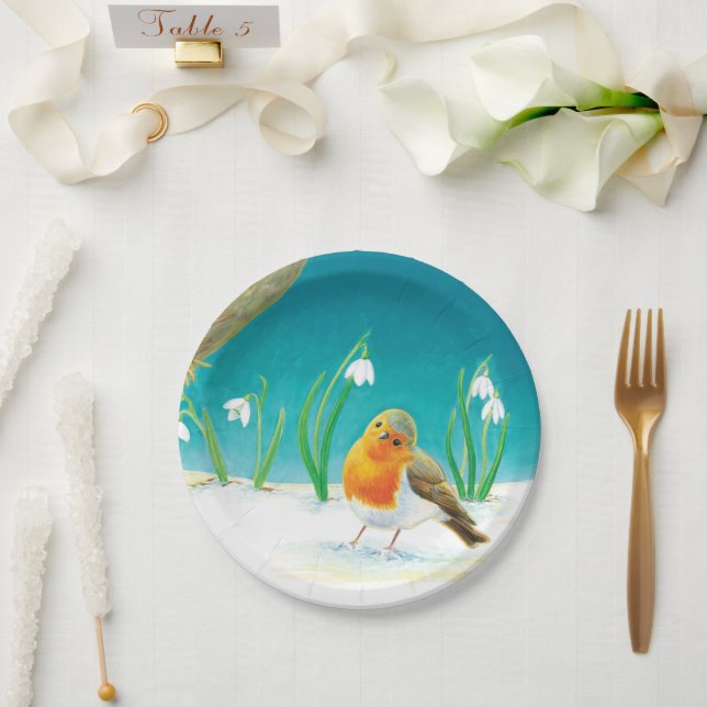 Illustration von Red Robin Bird und Snowdrops Pappteller (Hochzeit)