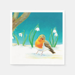 Illustration von Red Robin Bird und Snowdrops Serviette