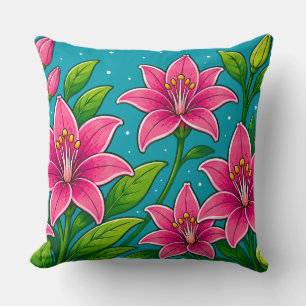 Illustration von rosa Lilienblumen mit grünem Laub Kissen