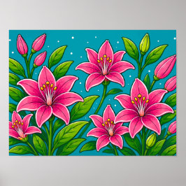 Illustration von rosa Lilienblüten mit grünem Laub Poster