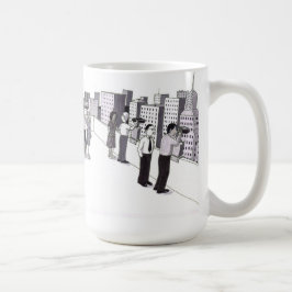 Illustration von sechs Menschen auf dem Dach einer Kaffeetasse