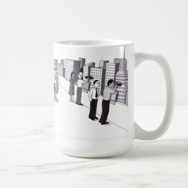 Illustration von sechs Menschen auf dem Dach einer Kaffeetasse (Rechts)