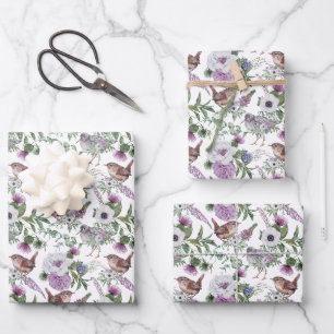 Illustration von Singvögeln in lila und grünem Flo Geschenkpapier Set