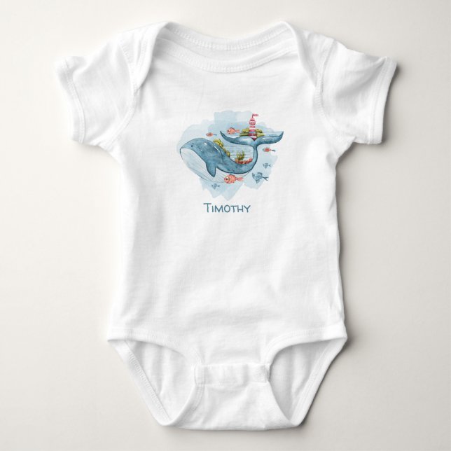 Illustration von Walen, Fisch und Leuchtturm Baby Strampler (Vorderseite)