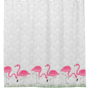 Illustration von weißen Damaskus und rosa Flamingo Duschvorhang