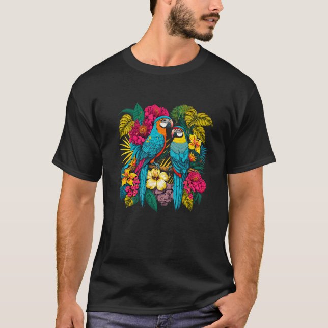 Illustration von zwei tropischen Papageien, umgebe T-Shirt (Vorderseite)