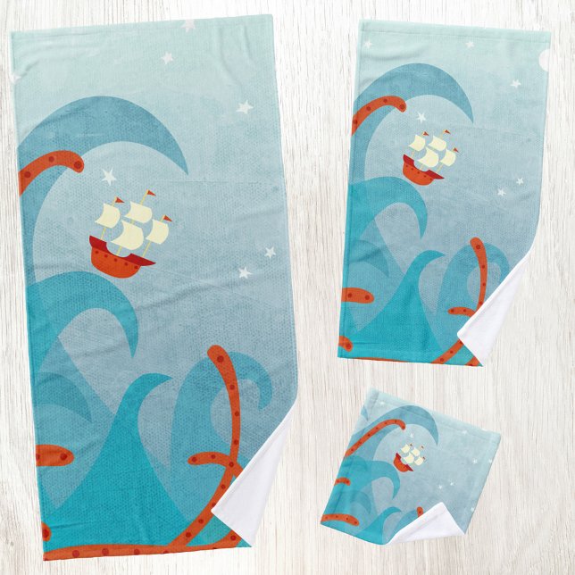 Illustration zum Segelboot Badhandtuch Set (Sailing Boat Adventure Nautical Coastal towel set)