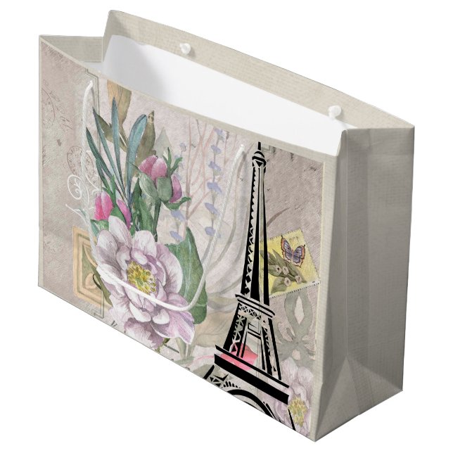 Illustration zur Vintagen Blume Collage & Eiffeltu Große Geschenktüte (Vorderseite Schrägansicht)