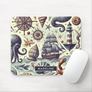 Illustration zur Vintagen nautischen Meereswelt Mousepad