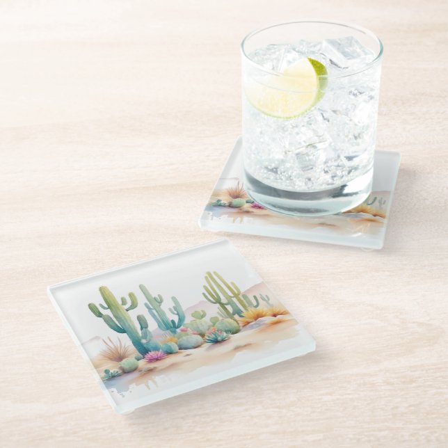 Illustration zur Wasserfarben-Wüste Glasuntersetzer (Schrägansicht)