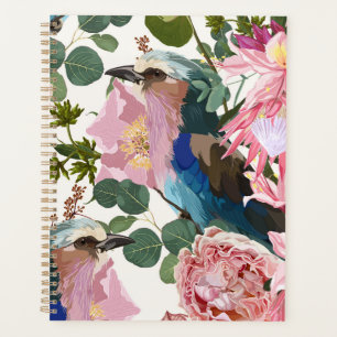 Illustrationen von rosa Blume, Pflanze, Vogel. Planer