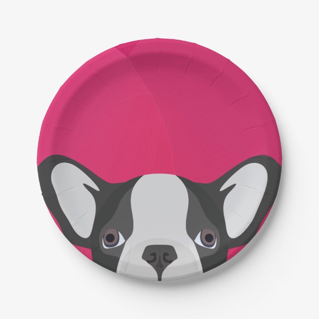 Illustrations-französische Bulldogge mit rosa Pappteller (Vorderseite)