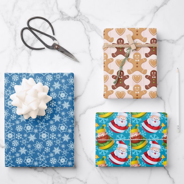 Illustrative braunblaue Weihnachtsmotive Set Geschenkpapier Set (Vorderseite)