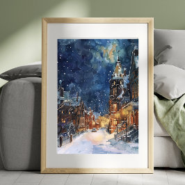 Illustrative des Dorfes in der Schneenacht Poster