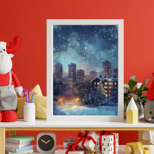 Illustrative New Yorker Stadt in der Schneenacht Leinwanddruck