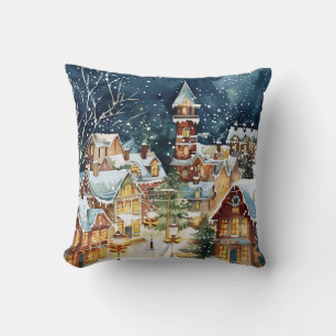 Illustrative Weihnachtsstadt im Schnee Kissen