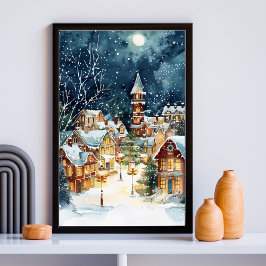 Illustrative Weihnachtsstadt im Schnee Poster