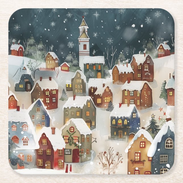 Illustrative Weihnachtsstadt Rechteckiger Pappuntersetzer (Vorderseite)