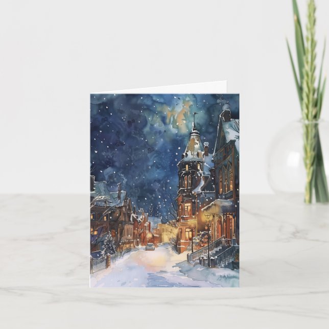 Illustratives Weihnachtsdorf in der Schneenacht Karte (Vorderseite)