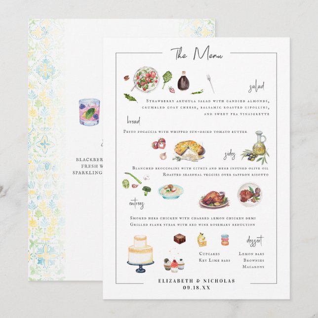 Illustriert Bespoke | Hochzeitmenü Menükarte (Vorne/Hinten)