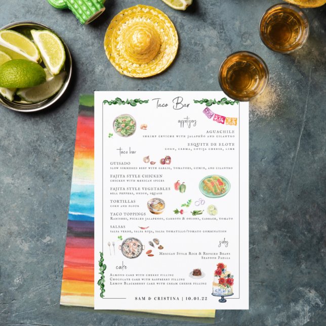 Illustriert Bespoke | Taco Bar Wedding Menu Menükarte (Von Creator hochgeladen)