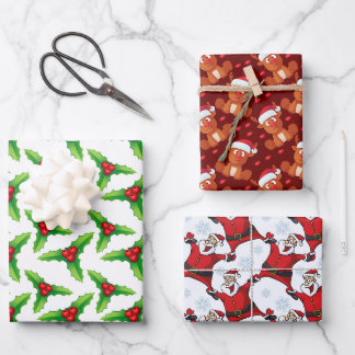 Illustriert-grün-braun-rote Weihnachtsmotive Geschenkpapier Set