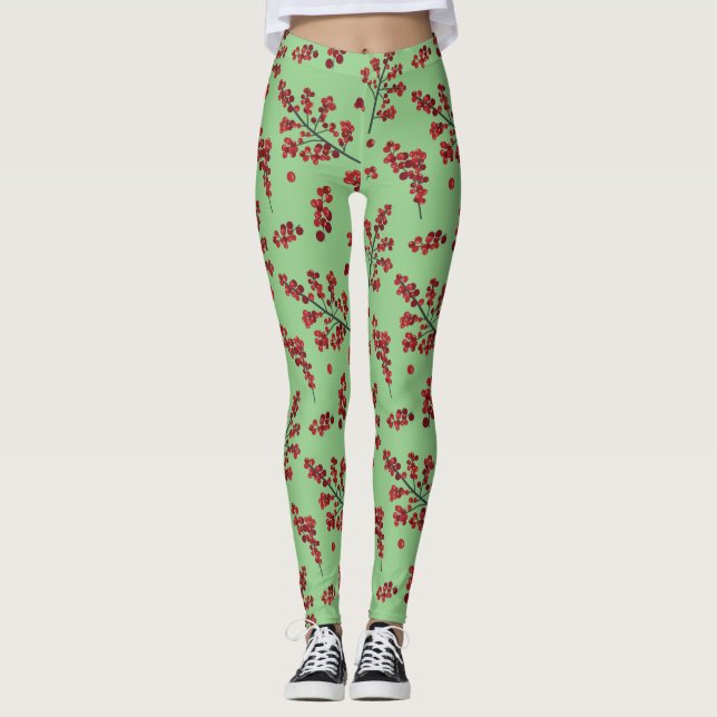 Illustriert Red Holly Berries Leggings (Vorderseite)