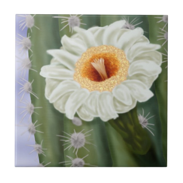 Illustriert Saguaro Cactus White Blume Fliese (Vorderseite)