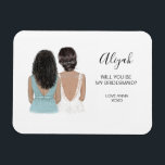 Illustriert Werden Sie mein Magnet für Brautjungfr<br><div class="desc">Einfache und klassische Magnete "Werden Sie meine Brautjungfrau?" mit Braut und Brautjungfrau. Passen Sie den Namen und die Rolle Ihrer Vorliebe an. Karo in unserer Kollektion für andere Frisuren und Kleider. Karo in unserer Kollektion für andere Frisuren und Kleider.</div>