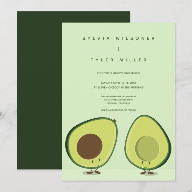 Illustrierte Avocados Grüne vertikale Hochzeit Einladung (Vorne/Hinten)