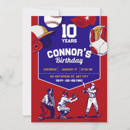 Illustrierte Baseball-Geburtstagsparty in Rot und Einladung