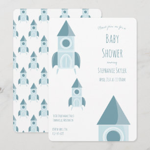 Illustrierte Blue Rocket Ship Babydusche Einladung