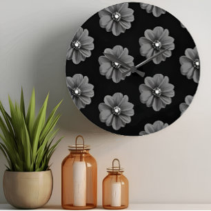 "Illustrierte Blume in Schwarz-Grau-Muster" Große Wanduhr