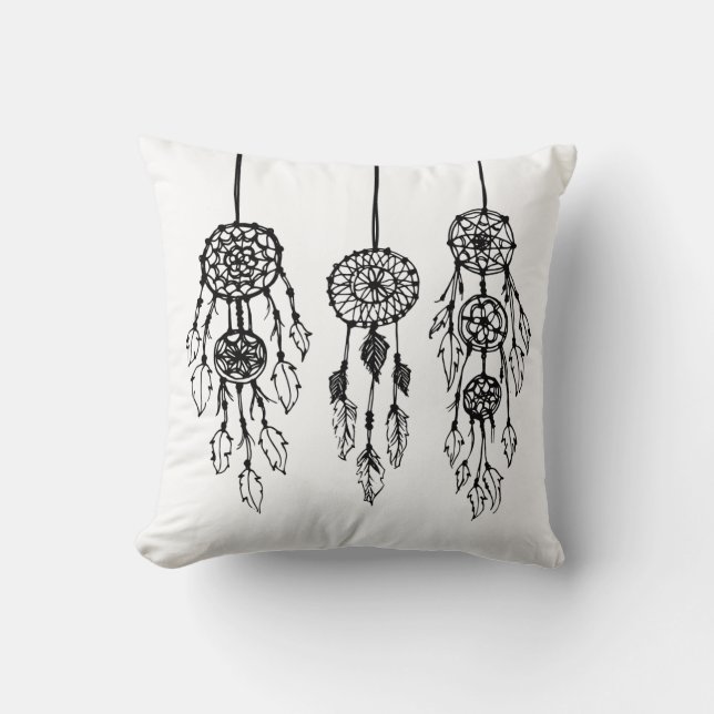 Illustrierte Bohemische Dreamcatcher, schwarz und  Kissen (Vorderseite)