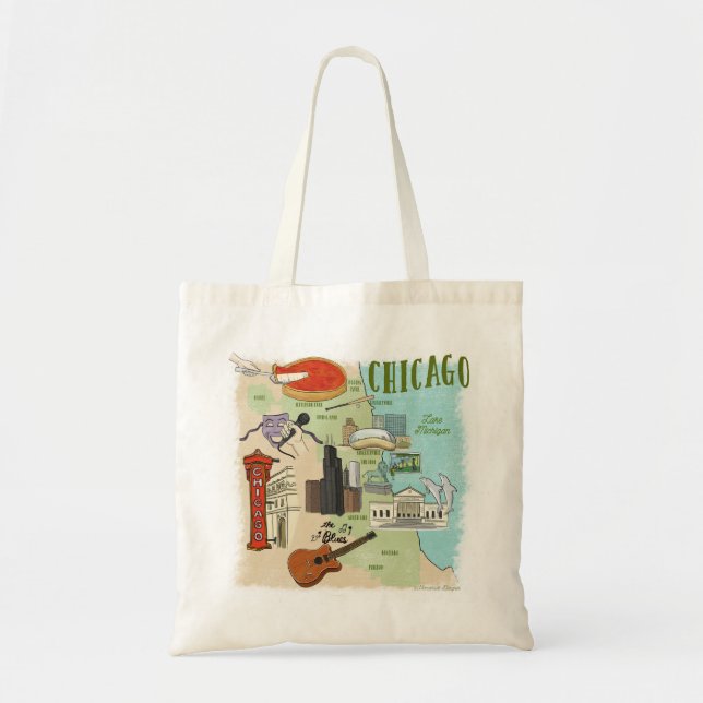 Illustrierte Chicago Map Tote Bag Tragetasche (Vorne)