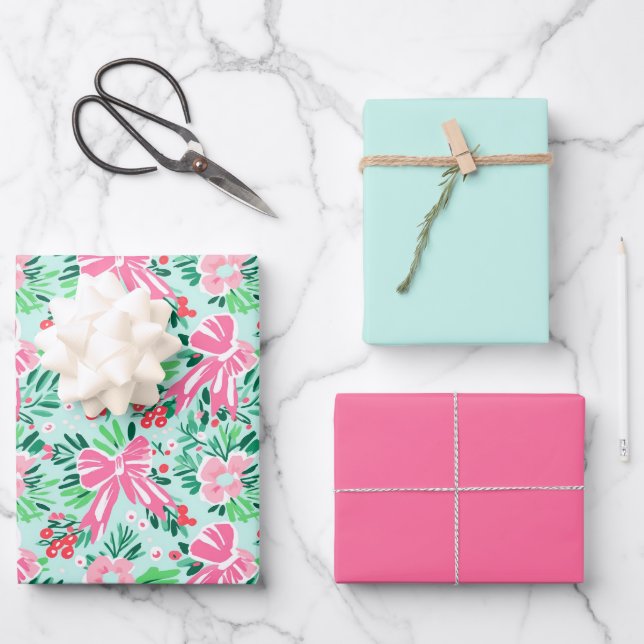 Illustrierte Coquette Bow Moderne Minze Geschenkwr Geschenkpapier Set (Vorderseite)