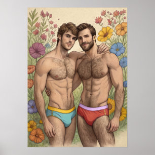 Illustrierte florale Umarmung mit Männern Poster
