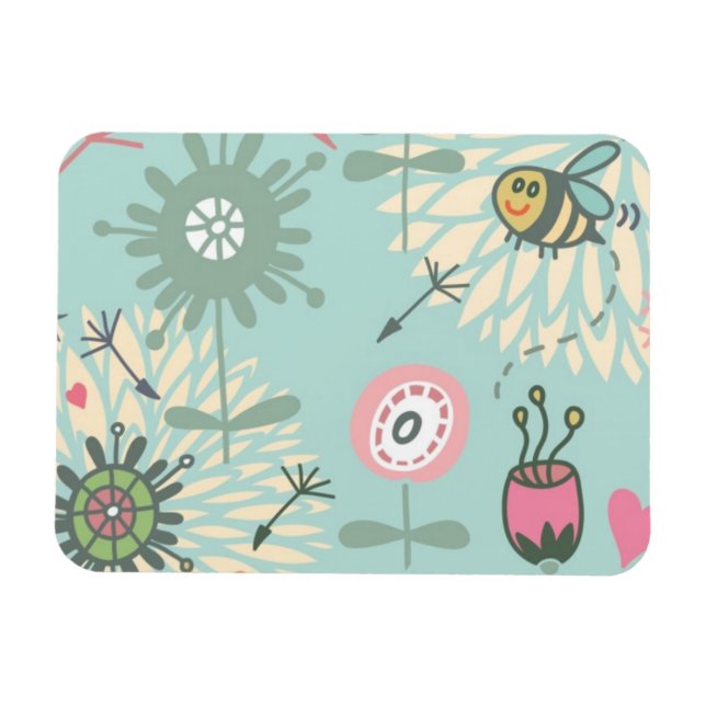 Illustrierte Frühlingsblumen und Bienen Magnet (Horizontal)