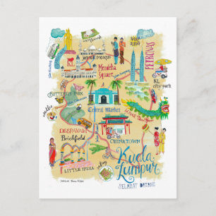 Illustrierte gelbe Reisekarte Kuala Lumpur Postkarte